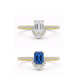 Anillo de Oro Amarillo con Diamante Cultivado en Laboratorio con Corte Esmeralda, Certificado IGI, Zafiro Azul, Anillo de Compromiso con Diseño de Rayos de Sol, Joyería Fina para Mujer, Regalo - Product Image 2