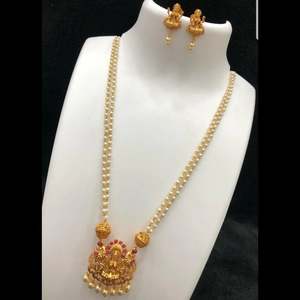 Rhodium Plated Women's <b>Bridal</b> <b>Jewelry</b> <b>Set</b>-Pearl Style Casual Temple Necklace and Earrings with Zircon Coins - Product Image 1