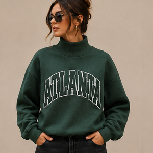 Custom Appliques Chenille Patchwork Atlanta Letter Print <b>Mock</b> <b>Neck</b> Graphic Sweatshirt Regular Fit Breathable 100% Cotton <b>Tops</b> - Product Image 2