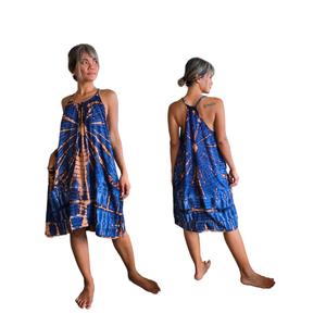 Robe midi en rayonne bleu rose tie-dye faite à la main, style bohème, sans manches, col rond, légère, tenue de plage pour femmes - Product Image 1