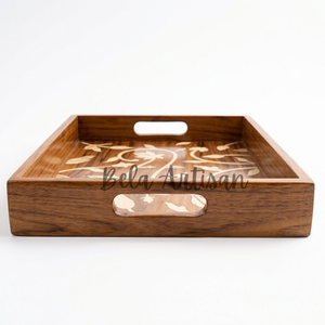 Bandeja de Servir Rectangular de Madera Papdi Hecha a Mano, Duradera, con Incrustaciones de Hueso y Arte Floral, Asas Integradas, No Tóxica - Product Image 2