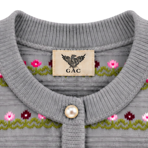 Cardigan en coton doux à col rond pour femme, tricoté, boutonné, à manches longues, côtelé, motif floral - Product Image 5