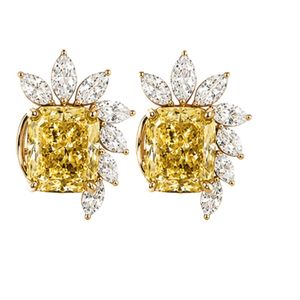 Elegant floral <b>stud</b> earrings in 18K yellow gold with fancy yellow cushion diamonds and marquise lab grown diamonds couture desig - Product Image 1