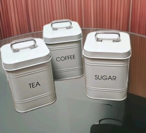 Set Of 3 White Metal Canisters Storage Containers For Tea Coffee Sugar Stylish Countertop Helps Maintain Clean And Clutter Free - Product Image 1