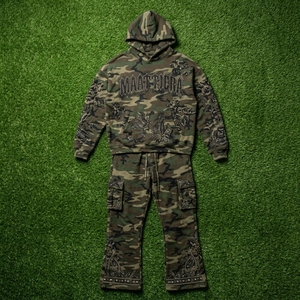 Mens <b>Camouflage</b> <b>Tracksuit</b> Hoodie Cargo Pants Rhinestone Leaf Embroidery Custom Streetwear Sportswear Set - Product Image 5