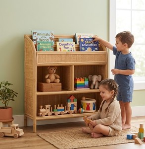 Étagère à livres et organisateur de jouets en rotin naturel tissé Montessori pour enfants avec étagères ouvertes pour la crèche, la maternelle et la maternelle préscolaire - Product Image 4