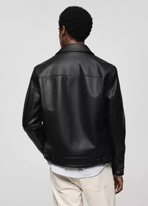 Veste en cuir PU noir pour homme, col rabattu, style workwear, coupe classique, automne, fermeture à boutons simple - Product Image 3