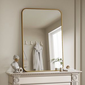 26x38 Inch Round Edge <b>Rectangular</b> Wall Mounted <b>Gold</b> Bathroom <b>Mirror</b> with Illumination and Defogger - Product Image 1