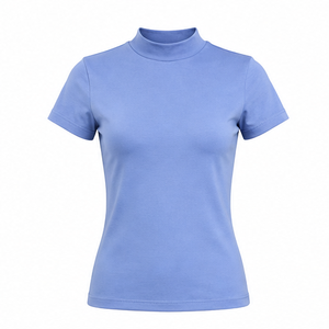 เสื้อยืดคอกลมแขนสั้นทรงเข้ารูปสำหรับผู้หญิง สีฟ้าเพริวินเคิล ผ้าคอตตอนผสมอีลาสเทนเนื้อเจอร์ซีย์น้ำหนักเบา สวมใส่ได้ทุกวัน - Product Image 1