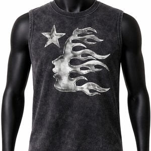 Men Acid Wash Sleeveless Tank Top Metallic <b>Flame</b> Graphic Streetwear Vintage Washed Oversized Muscle <b>Shirt</b> Custom Cotton Vest - Product Image 5