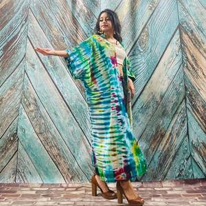 Tie Dye rayonne tissu Long Kimono Boho Style dame plage vacances d'été couvrir Sexy Resort porter femmes Kimono grande taille Kimono - Product Image 5