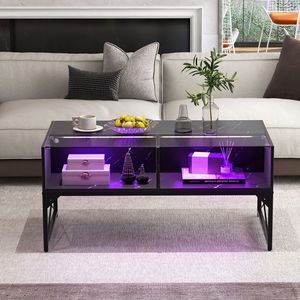 Tavolino da Salotto con Piano in Finto Marmo, Vetro Temperato e Struttura in Acciaio - Design Semplice e Convertibile - Product Image 2
