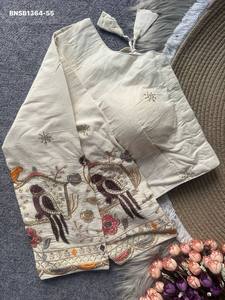 Beautiful Khadi Cotton with Flower-Animal Motif with <b>Beads</b>-Embroidered Padded Blouse Collection Supplier from India - Product Image 4