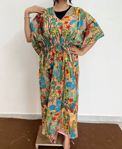 Caftán Largo de Algodón con Estampado Tropical, Estilo Boho, Cuello en V, Corte Holgado, Manga Corta, para Mujer, Informal, de Verano - Product Image 3