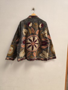 Luxury Slate Grey <b>Velvet</b> Suzani Embroidered <b>Jacket</b> <b>for</b> <b>Women</b> Vintage Floral Motifs Bohemian Ethnic Outerwear Wholesale Export - Product Image 2