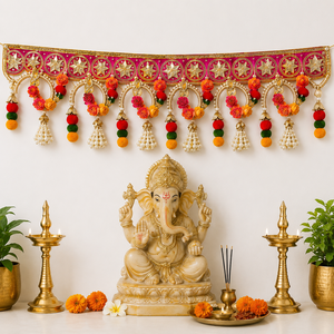 Traditional Handmade Floral Toran Door Hanging with Pearl Tassels Pink Gold Festive Bandhanwar Indian <b>Home</b> Decor Decoration - Product Image 6
