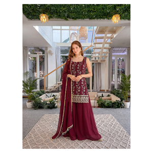 Ensemble Kurti, Dupatta et Palazzo brodé avec sequins et travail Zari, bordure en dentelle perlée, robe ethnique indienne pour fêtes et mariages - Product Image 1