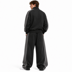 Ensembles de sweats à capuche noirs oversize urbains, personnalisables OEM, avec panneau à passepoil contrastant, sweat-shirt à col montant et joggers coupe ample en molleton épais, faible MOQ - Product Image 3