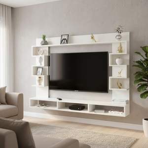 Meuble TV mural en bois d'ingénierie |   Support pour décodeur et meuble TV avec étagères pour livres et décorations |   Blanc - Product Image 3
