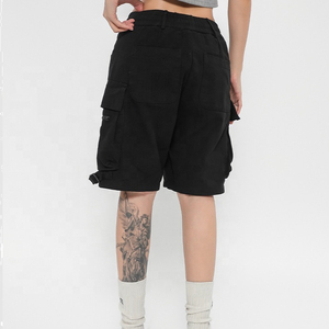 <b>Women's</b> <b>Black</b> <b>Cargo</b> <b>Shorts</b> High Waist Elastic Drawstring Loose Fit Streetwear Style with Multiple Pockets Canvas Material - Product Image 3