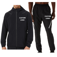 Ensemble de survêtement coupe-vent à capuche pour homme, avec logo personnalisé, veste zippée intégrale et pantalon, noir uni, tenue de sport d'extérieur, saison automne