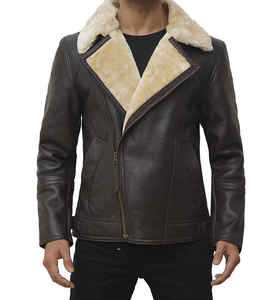 <b>Men</b> Brown Genuine Leather <b>Sherpa</b> Lined Bomber <b>Jacket</b> Zip Up Winter Outerwear Casual - Product Image 1