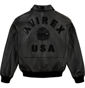 เสื้อแจ็คเก็ตบอมเบอร์หนังสีดำสำหรับผู้ชายยี่ห้อ Avirex พร้อมดีไซน์ปะติด ปกคอพับ ปิดด้วยซิป สไตล์มอเตอร์ไซค์สำหรับฤดูหนาว - Product Image 2