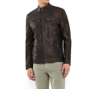 Men's Brown Cow Leather Moto Jacket Stand Collar Zipper Closure Regular Sleeve Autumn Biker Style Solid Color Slim Fit - Product Image 1
