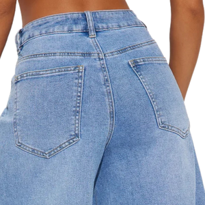 Jean en denim délavé léger pour femme, coupe large, taille haute, décontracté, ample, longueur complète, classique, cinq poches, bleu tendance - Product Image 4