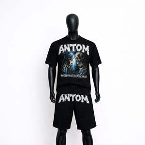 Men's Black T-Shirt & Shorts <b>Set</b> Crew Neck Printed Street Style Summer Wear 100% Cotton <b>Knitted</b> Fabric - Product Image 1