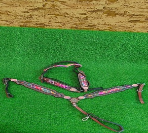 Western <b>leather</b> horse breastplate chest collar tack geometric bead concho studded <b>harness</b> adjustable riding halter set - Product Image 3