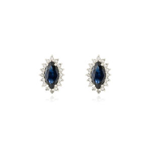 Magnifiques boucles d'oreilles clous en or blanc massif 14 carats, saphir bleu naturel et diamants en forme de marquise, pour femmes - Product Image 1