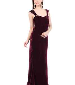 Robe longue en velours bordeaux de luxe moderne |   Robe de soirée élégante longue jusqu'au sol |   Robe en velours sans manches avec bretelles ornées - Product Image 4