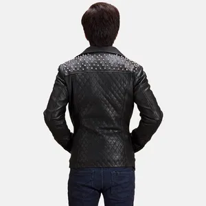 Mens Black Studded Quilted Genuine Leather Winter <b>Biker</b> <b>Jacket</b> - Product Image 3