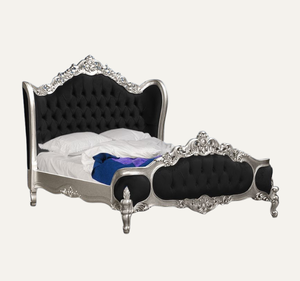 Cama Clásica Europea de Lujo Tapizada, Madera de Caoba Sólida Tallada a Mano con Acabado Plateado, Cama King Size Ensamblada para Dormitorio - Product Image 1