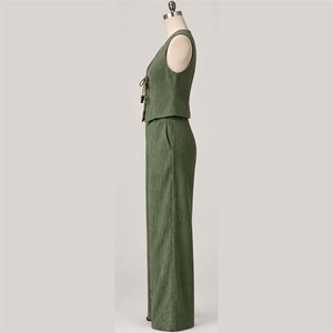 Women New Green Linen Cotton Sleeveless V-Neck <b>Jumpsuit</b> <b>Wide</b> <b>Leg</b> Pants Set Minimalist Summer Breathable Full Length Solid Color - Product Image 4