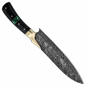 Black and Green Handle Damascus Pattern Hunting Knife with Gold Guard Silver Gray Pointed Blade <b>Outdoor</b> Utility Cutting Tool - Product Image 5