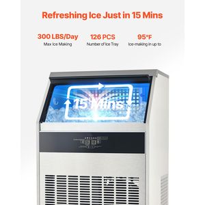 Macchina per il ghiaccio commerciale, 126 cubetti in 15 minuti, capacità di stoccaggio 88 libbre, autoportante, capacità 300 libbre/24 ore - Product Image 2