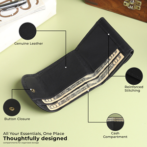 WRIZA Genuine Leather <b>Wallet</b> for Men | Textured Black Compact Open Closure <b>RFID</b> <b>Blocking</b> Purse with Card Slots & Coin Pocket - Product Image 4