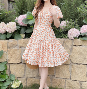Sweet Floral Chiffon Midi <b>Dress</b> With Puff Sleeves Square Neckline A-Line Casual Summer <b>Dress</b> - Product Image 5
