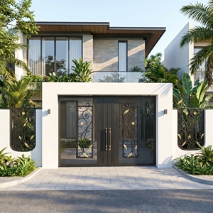 Puerta Batiente Metálica de Estilo Europeo con Acabado en Grano de Madera, Recubrimiento en Polvo Resistente para Exteriores, Uso en Villas, Fácil Instalación - Product Image 4