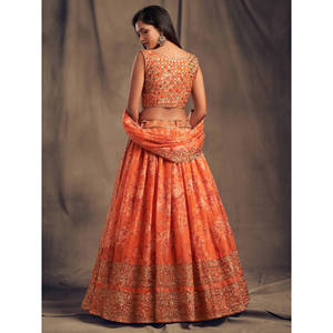 Festival de organza estampado floral naranja Lehenga Choli - Product Image 2