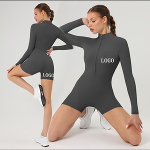 Wholesale Custom Logo Seamless Bodysuit For Women Quarter <b>Zip</b> Short Sleeves GYM Workout Yoga Jumpsuit For Women - Product Image 6