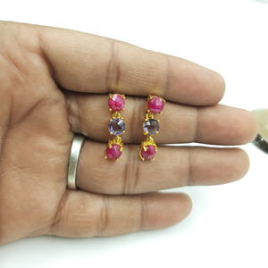 Boucles d'oreilles pendantes en pierres précieuses rondes teintées (rubis et améthystes) en alliage métallique pour mariage – Tendances en gros - Product Image 4