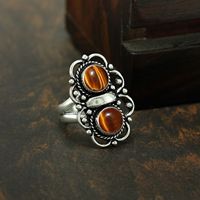 Bague Gourik en argent sterling 925 avec œil de tigre, style bohème du Sud-Ouest, sertie d'une pierre précieuse ronde, vintage, pour usage quotidien, oxydée, pour femme