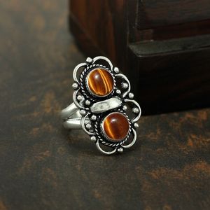 Bague Gourik en argent sterling 925 avec œil de tigre, style bohème du Sud-Ouest, sertie d'une pierre précieuse ronde, vintage, pour usage quotidien, oxydée, pour femme - Product Image 3