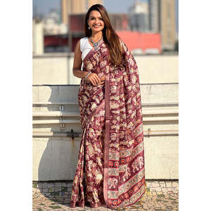 Sari en soie Tussar marron foncé imprimé avec bordure tissée Zari, style ethnique gujarat, réversible, pour soirée et cérémonie - Product Image 1