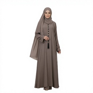 Ensemble Abaya Hijab Kaki à Manches Longues, Robe Musulmane avec Boutons à Pompons, Tenue Modeste - Product Image 1