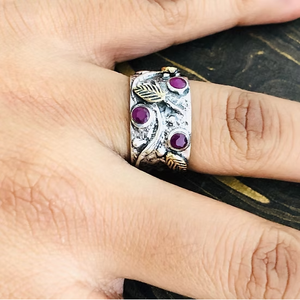 Vintage Style Sterling Silver <b>Statement</b> <b>Ring</b> With Multi-Ruby Cabochon Wide Textured Band Designer Jewelry - Product Image 3
