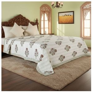 Premium Cotton Sanganer Kantha Queen Size <b>Throws</b> Hand Block Printed <b>Large</b> Width Handmade Indian Quilts Bedrooms Bedding Decor - Product Image 1